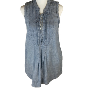 Free People Denim Blue and White Striped Sleeveless Lace Up Front Top Size XS